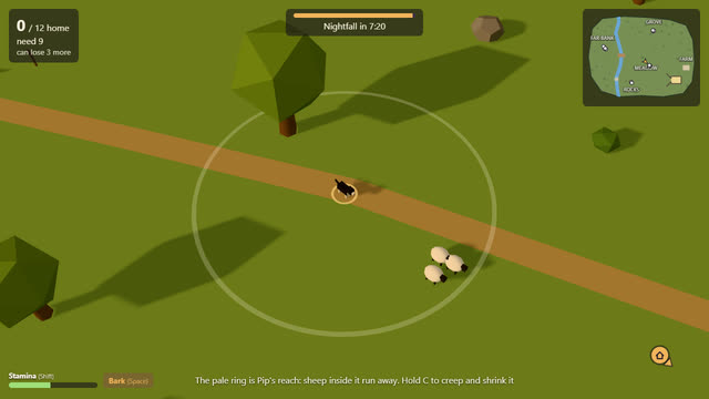 Milestone 1: flat green ground, a black box for the dog inside a pale ring, and a few white blobs for sheep.