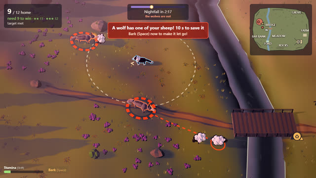 Milestone 2: the Blender-built valley at sunset, with the flock by the stream.
