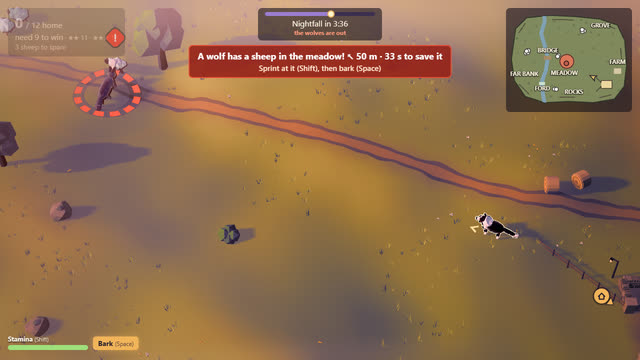 Milestone 3: a wolf dragging a sheep away, with a red ring and wool flying.